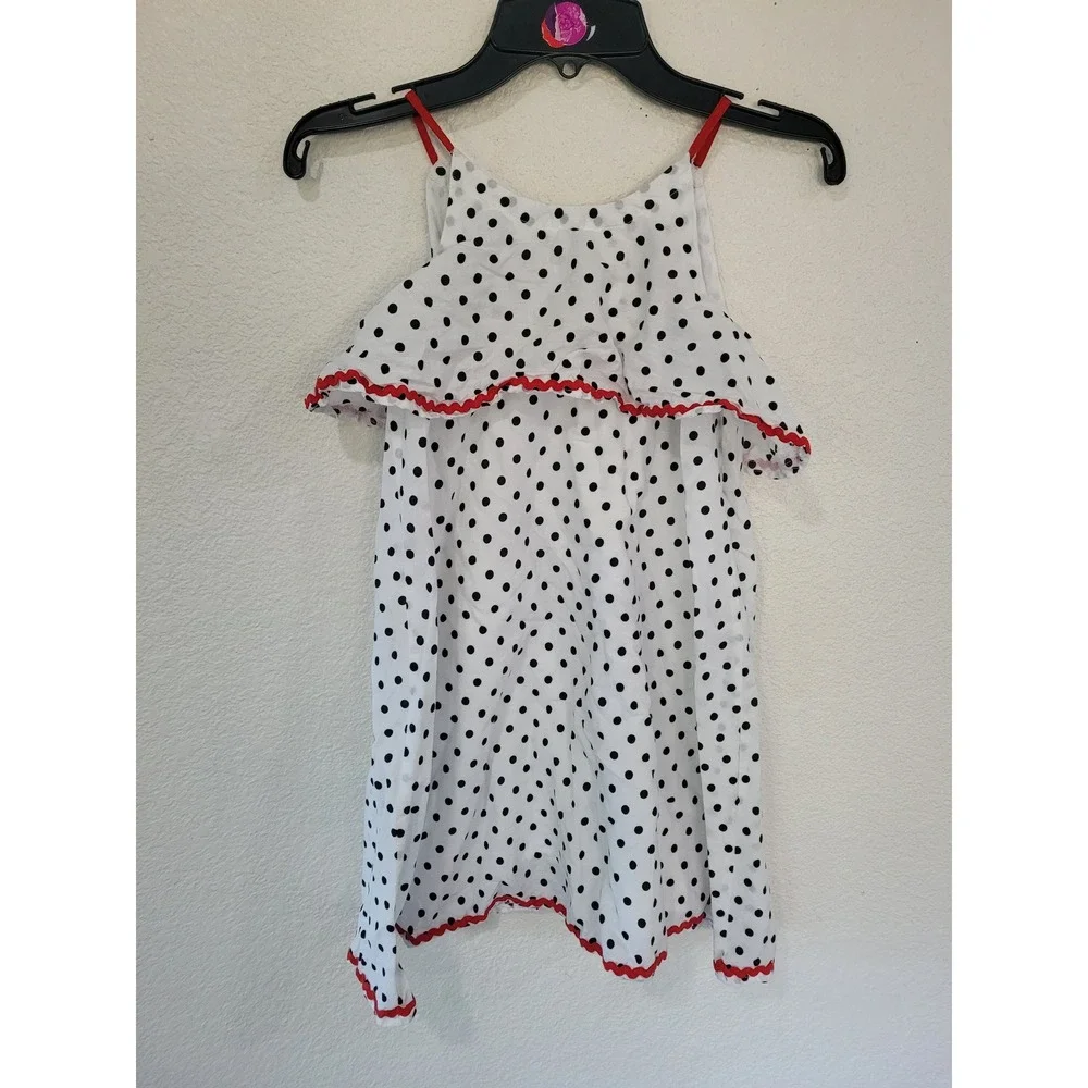 Isaac Mizrahi Girls Polka Dot Ruffle Sundress White Black Red Ric Rac Size 6X #5